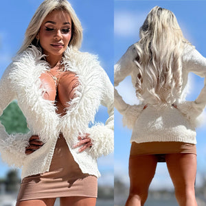 Connie's **LIMITED** "RICH 2 Button Close SWEATER" WHITE X- Mongolian Lamb Collar and Wrist, Extreme Chest Plunge, Wear a Bra or Cami With it , or NOT!!!