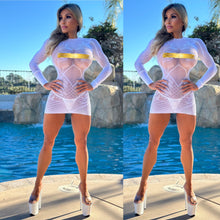 Connie's "NOT so INNOCENT VIXEN"  WHITE See Thru Champagne Room Mini, Long Sleeve, Extreme Stretch, See Thru MESH, Lingerie dress