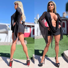 Connie's SUPER SHORT 😈 "RICH & DARING BLACK MESH 🥂🍾  MINI" GIANT COWL Plunge,  Bell Sleeves, Not for the SHY