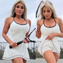 Connie's "Naughty 🎾 Tennis Pro RACERBACK Mini Dress" WHITE with BLACK PIPING, Built in Sport Bra and Shorts, SPANDEX Stretch Fit