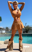 Connie's "RICH URBAN COWGIRL 🤠 TAN X SUEDE SET" ALL STRETCH STUNNING HALTER TOP and Pleated Skirt with Built in Booty Shorts 2 Pc SET
