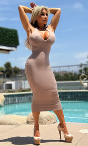 Connie's EXCLUSIVE "TWO PACK SET" DEEP PLUNGE BODY FORMING, MOCHA and GREEN Backless Halter Midi...Made in USA