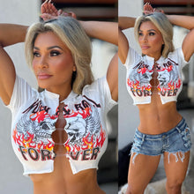 Connie's "FOREVER FIRE 💀🔥💀🔥 SAFETY PIN Crop Top" WHITE STRETCH FIT VINTAGE T-Shirt, Exposed Chest