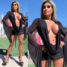 Connie's SUPER SHORT 😈 "RICH & DARING BLACK MESH 🥂🍾  MINI" GIANT COWL Plunge,  Bell Sleeves, Not for the SHY