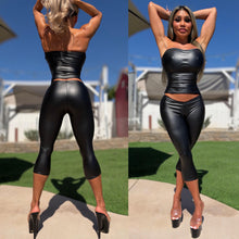 Connie's EXCLUSIVE!!! "FATAL ATTRACTION" FULL STRETCH SET, LOW RISE V FRONT CAPRI PANTS AND TOP, BLACK Rubberized fabric