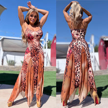 Connie's *LIMITED* "SEDUCTIVE THORN ROSE LEOPARD Maxi" Full Stretch Fit, Unlined Print Fabric and See Thru Thigh High Mesh Inlays