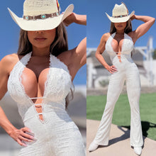 Connie's LIMITED EXCLUSIVE "RICH PURE WHITE LACE JUMPSUIT" WHITE Stretch Lace, Adjustable Length Halter Tie, Adjustable Back and Chest also