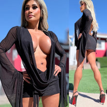 Connie's SUPER SHORT 😈 "RICH & DARING BLACK MESH 🥂🍾  MINI" GIANT COWL Plunge,  Bell Sleeves, Not for the SHY