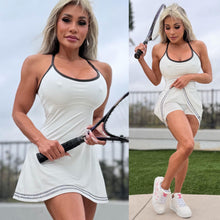 Connie's "Naughty 🎾 Tennis Pro RACERBACK Mini Dress" WHITE with BLACK PIPING, Built in Sport Bra and Shorts, SPANDEX Stretch Fit