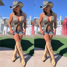 Connie's  VERY LIMITED!!! "RICH DISTRESSED OLIVE LEATHER and RIVETS COWGIRL HALTER TOP" X Leather ADJUSTABLE front Buckle and Neck tie