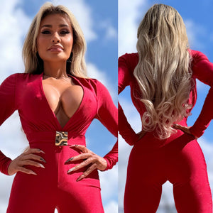 Connie's "RICH RED MERCURY VIP 🥂 Jumpsuit" DEEP PLUNGE, FULL Stretch Fit, No Zippers with a Silver Metal Accent