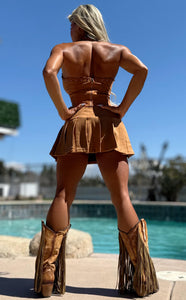 Connie's "RICH URBAN COWGIRL 🤠 TAN X SUEDE SET" ALL STRETCH STUNNING HALTER TOP and Pleated Skirt with Built in Booty Shorts 2 Pc SET