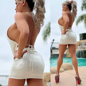 Connie's  EXCLUSIVE "METALLIC WHITE DEEP PLUNGE MINI" Cute Pearl Chest Accent, Stretch Fabric, Adjustable Back and Neck Tie