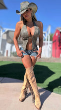 Connie's  VERY LIMITED!!! "RICH DISTRESSED OLIVE LEATHER and RIVETS COWGIRL HALTER TOP" X Leather ADJUSTABLE front Buckle and Neck tie