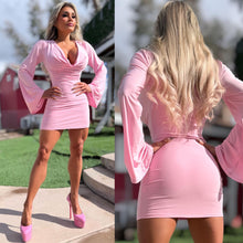 Connie's "VEGAS LOUNGE GIRL PINK FROSTING Mini" RICH CHEST COWL DRAPE, and Bell Sleeves ... Made in the USA