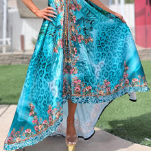 Connie's ***LIMITED*** "ISLAND LEOPARD FLOWERS and GREAT OAK TREE BLOSSOMS" SILKY RHINESTONE 💎 ACCENT RAYON High Low Maxi, Eye Hook Opening Back and Chest, Cinchable tie front