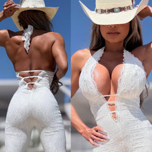 Connie's LIMITED EXCLUSIVE "RICH PURE WHITE LACE JUMPSUIT" WHITE Stretch Lace, Adjustable Length Halter Tie, Adjustable Back and Chest also