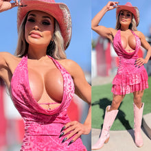 Connie's "PINK LEOPARD 🤠 WESTERN Mini" Cute Gold chest accent, Adjustable tie back, Stretch Fabric, Cute Ruffles