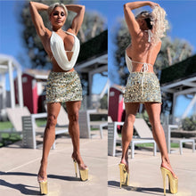 Connie's EXCLUSIVE "LOW RISE WAIST MODERN SEQUIN MINI SKIRT" GOLD Multi sized Sequin, Lined and Stretch Fit, Zip Closure