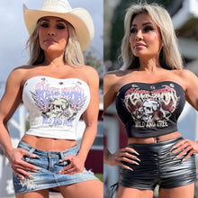 CONNIE's LIMITED!!! 2 Pack SET "WILD and FREE VINTAGE Ts" RIVETE accents, BLACK and WHITE SOFT STRETCH TIGHT FIT Tube Top, VINTAGE LOOK Graphics