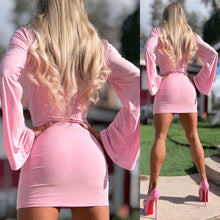 Connie's "VEGAS LOUNGE GIRL PINK FROSTING Mini" RICH CHEST COWL DRAPE, and Bell Sleeves ... Made in the USA