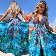 Connie's ***LIMITED*** "TROPICAL ATLANTIS 🌊🌴 🌊" SILKY RHINESTONE 💎 ACCENT RAYON High Low Maxi, Eye Hook Opening Back and Chest, Cinchable tie front