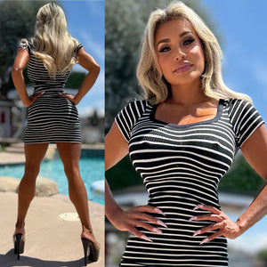 Connie's "SIMPLE SEXY STRETCH FIT MINI" Not Lined, Tight Stretch Fit, Ribbed BLACK & WHITE Striped