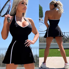Connie's "EVIL TWIN 😈 Naughty 🎾 Tennis Pro HALTER Mini Dress" BLACK with WHITE PIPING, Built in Shorts, SPANDEX Stretch Fit