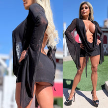 Connie's SUPER SHORT 😈 "RICH & DARING BLACK MESH 🥂🍾  MINI" GIANT COWL Plunge,  Bell Sleeves, Not for the SHY