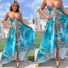 Connie's ***LIMITED*** "ISLAND LEOPARD FLOWERS and GREAT OAK TREE BLOSSOMS" SILKY RHINESTONE 💎 ACCENT RAYON High Low Maxi, Eye Hook Opening Back and Chest, Cinchable tie front
