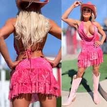 Connie's "PINK LEOPARD 🤠 WESTERN Mini" Cute Gold chest accent, Adjustable tie back, Stretch Fabric, Cute Ruffles