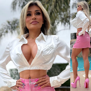 Connie's "NIGHTS in WHITE SATIN & 💎RHINESTONE💎 ACCENTS Crop Top...🥂" Stretch SATIN Fabric, Button Close Chest and Elastic waistband