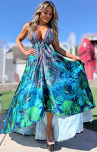 Connie's ***LIMITED*** "TROPICAL ATLANTIS 🌊🌴 🌊" SILKY RHINESTONE 💎 ACCENT RAYON High Low Maxi, Eye Hook Opening Back and Chest, Cinchable tie front