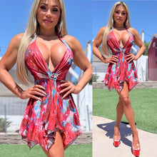 Connie's LIMITED "RICH and SULTRY PLUNGING HALTER MESH Mini" RED AQUA Full Stretch Fit, Halter Tie