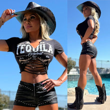 Connie's EXCLUSIVE TWO PIECE SET "TEQUILA SUNRISE 🤠 SET" Stretch BLACK X SUEDE STUDDED Booty Flash Shorts and BLACK Top