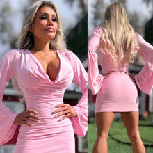 Connie's "VEGAS LOUNGE GIRL PINK FROSTING Mini" RICH CHEST COWL DRAPE, and Bell Sleeves ... Made in the USA