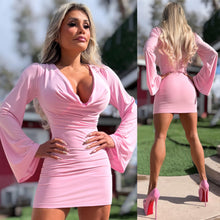 Connie's "VEGAS LOUNGE GIRL PINK FROSTING Mini" RICH CHEST COWL DRAPE, and Bell Sleeves ... Made in the USA