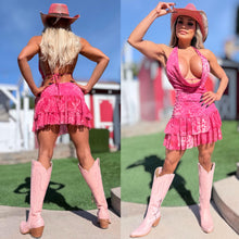 Connie's "PINK LEOPARD 🤠 WESTERN Mini" Cute Gold chest accent, Adjustable tie back, Stretch Fabric, Cute Ruffles