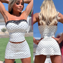 Connie's "TINY WHITE POLKA DOT Mini Skirt with Built in BOOTY shorts" TINY MINI SKIRT WITH BUILT IN BOOTY SHORTS, Made in USA