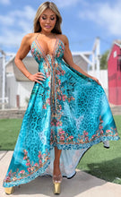 Connie's ***LIMITED*** "ISLAND LEOPARD FLOWERS and GREAT OAK TREE BLOSSOMS" SILKY RHINESTONE 💎 ACCENT RAYON High Low Maxi, Eye Hook Opening Back and Chest, Cinchable tie front
