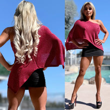 Connie's EXCLUSIVE "SPARKLE RED WESTERN 🤠 Poncho Top" One Shoulder Asymmetrical Sparkle Knit cape top, Made in USA!!!