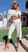 Connie's RICH THREE Piece Set "WHITE SHEEN Poncho, Tube Top and SASH CAPRI Pants" Signature Double Fabric Construction, Made in USA