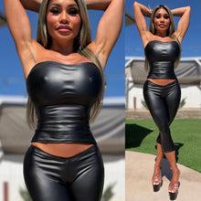 Connie's EXCLUSIVE!!! "FATAL ATTRACTION" FULL STRETCH SET, LOW RISE V FRONT CAPRI PANTS AND TOP, BLACK Rubberized fabric