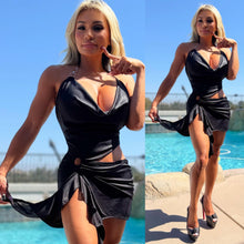 Connie's **LIMITED** "SHINY BLACK 🖤🖤🖤 MINI" with Silver Ring accents, adjustable Tie Halter, STRETCH fabric, Made in the USA