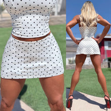 Connie's "TINY WHITE POLKA DOT Mini Skirt with Built in BOOTY shorts" TINY MINI SKIRT WITH BUILT IN BOOTY SHORTS, Made in USA