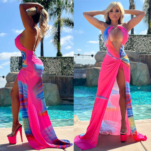 Connie's "SCANDALOUS VACATION VIXEN Maxi" With Mini Train, PINK OCEAN Tie DYE Super Stretch Fabric