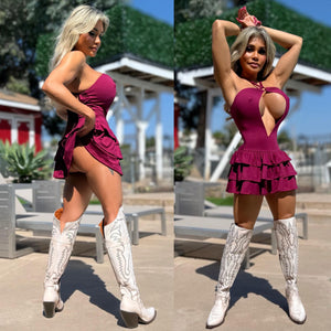 Connie's EXCLUSIVE & LIMITED "Irresistible ❤️ DEEP RED Mini" PEEP CHEST, Adjustable Halter, Ruffle Mini, Made in The USA