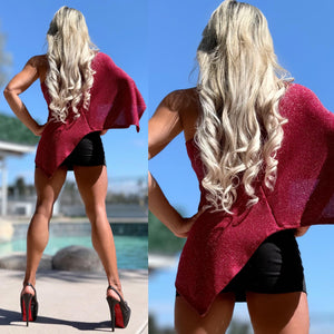 Connie's EXCLUSIVE "SPARKLE RED WESTERN 🤠 Poncho Top" One Shoulder Asymmetrical Sparkle Knit cape top, Made in USA!!!
