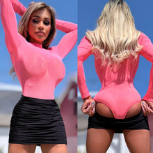 Connie's 2 Pack Set "SHEER LUXURY BODYSUIT" NEON PINK and YELLOW, SOFT SEMI SEE THRU, FULL STRETCH FIT, with a Button Neck and Snap Bottom Closure