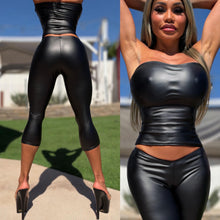 Connie's EXCLUSIVE!!! "FATAL ATTRACTION" FULL STRETCH SET, LOW RISE V FRONT CAPRI PANTS AND TOP, BLACK Rubberized fabric